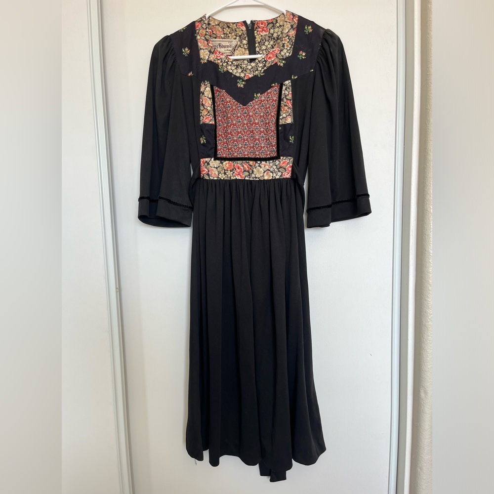 Young Edwardian Vintage Floral Prairie Peasant Dress Small Black Patchwork Sz‎ 7